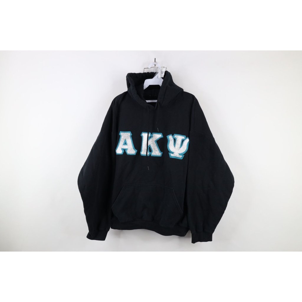 Vintage 90s Mens Xl Faded Alpha Kappa Psi Fraternity Hoodie Sweatshirt Black